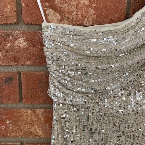 SALE! Champagne Sequin One Shoulder Fitted Midi Gown Formal Dress - Picture 2 of 6